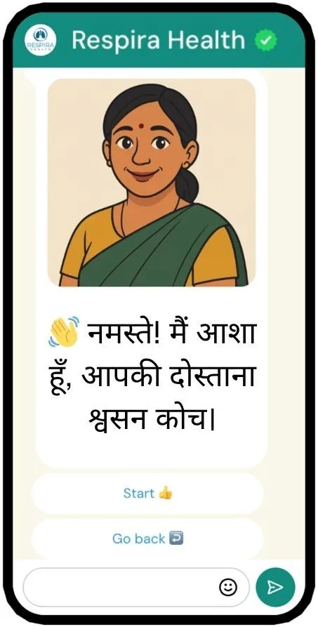 Respira Health’s WhatsApp programme on a phone, showing Asha’s welcome message in Hindi